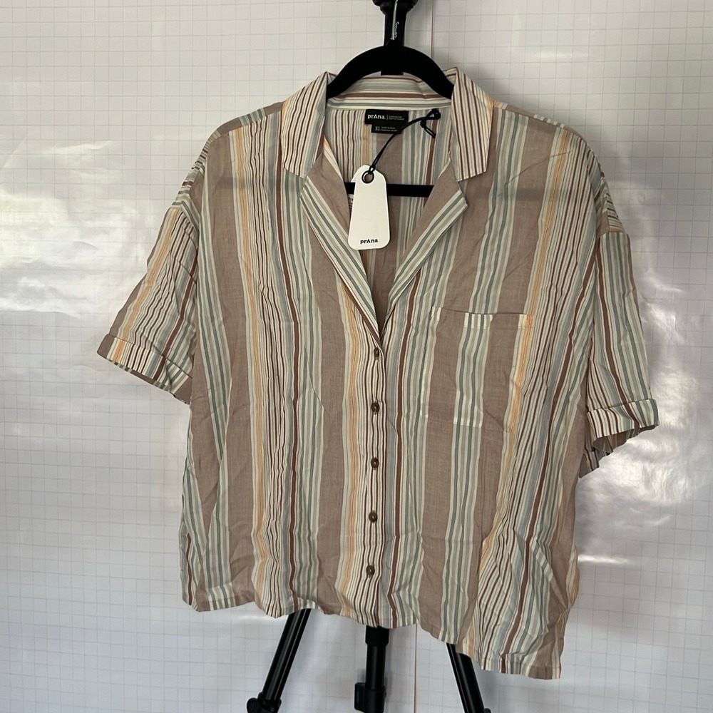 prAna Women's Button Up Top XL Clay Stripes Short Sleeve Casual Shirt